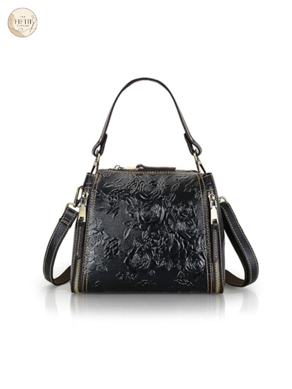 Leather Crossbody Bag Satchel Tote Vintage Embossed Rose Removable Strap